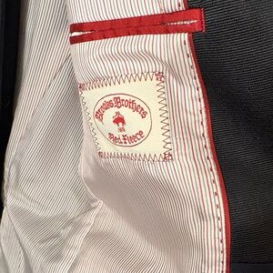 Brooks Brothers Red Fleece tuxedo Navy with black grosgrain label + pant stripe